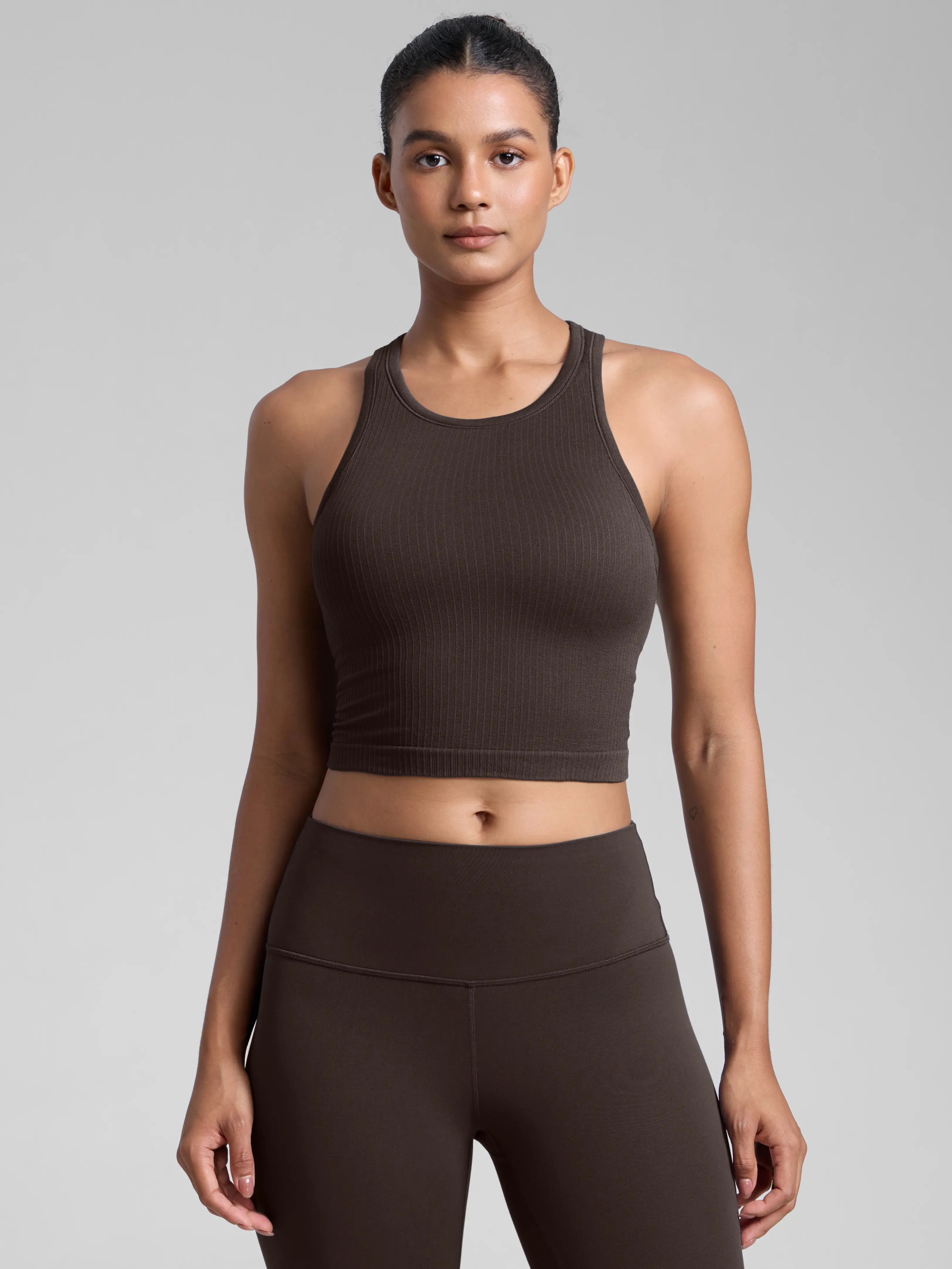 CRZ YOGA Womens Seamless Ribbed Longline High Neck Sports Bra - Racerback Padded Slim Fit Crop Tank Top with Built in Pads