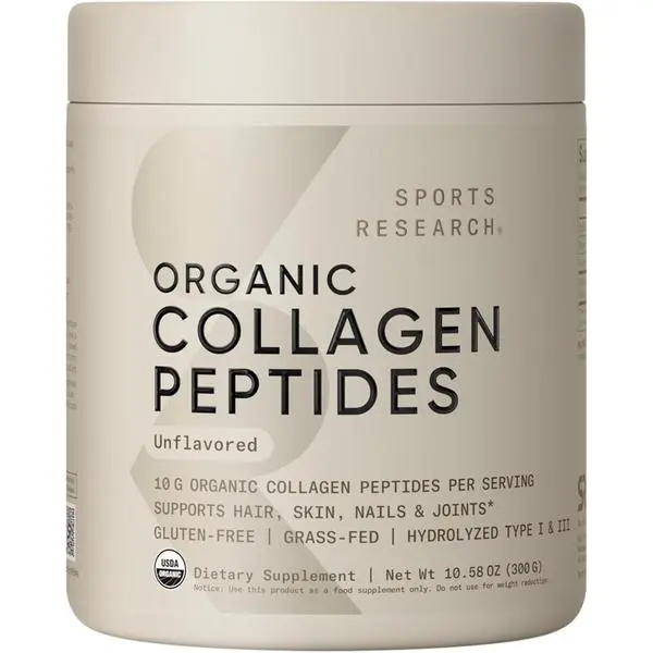 Sports Research Organic Collagen Peptides - Hydrolyzed Type I & III Collagen Protein Powder Made Sustainably from Grass-Fed Cows - USDA Organic· Non-GMO · Gluten Free - Unflavored, 30 Servings