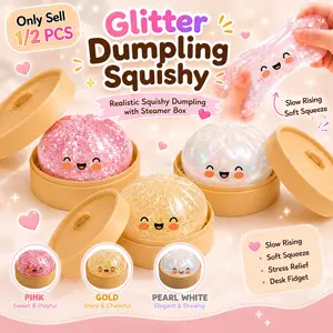 1/2 PCS Glitter Dumpling Squishy, Realistic Squishy Dumpling with Steamer Box, Slow Rising Soft Squeeze Dumpling Stress Ball Desk Fidget for Teens Adults Home Office