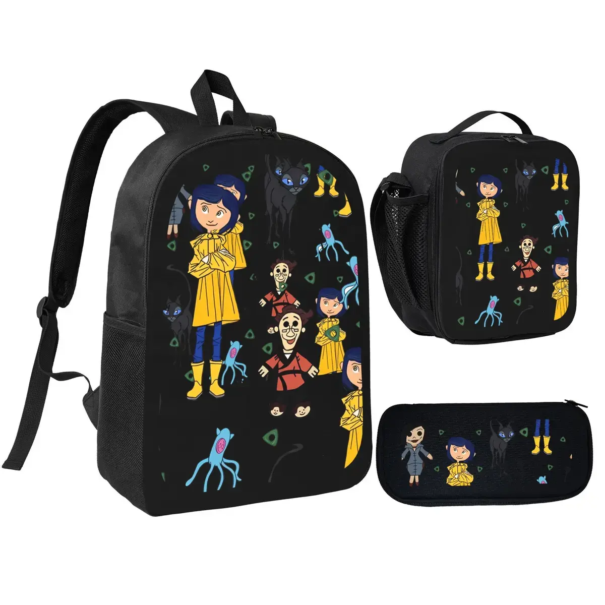 Coraline Movie Themed 4-Piece Oxford Cloth School Set Pack - Child Backpack, Lunch Bag, Pencil Bag for Boys/Girls, Ideal Gift for School Trips