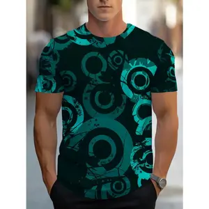 Men's Retro Graphic T-Shirt - Vibrant Teal & Black Geometric Circular Print, Soft Breathable Fabric, Regular Fit Casual Tee for Casual Attire, Machine Washable Top, Modern Casual Shirt, Durable Print Shirt