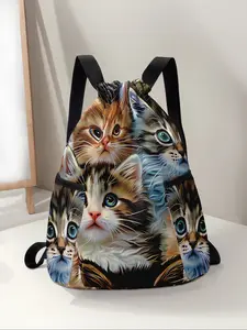Cat Pattern Drawstring Backpack, Large Capacity Durable Outdoor Fitness Bag, Adjustable Shoulder Straps, Casual Travel Hiking Camping Bag