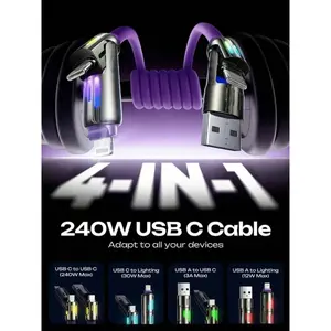 4-In-1 USB-C Multi-Charger Cable 240W 6.6FT, High-Speed Data Transfer, High Efficiency & Fast Charging, Compatible with Android, iOS, Cellphone & Micro-USB Devices (Smartphones/Tablets/Laptops). Durable Portable for Home/Office/Travel/Gaming/Desk Use