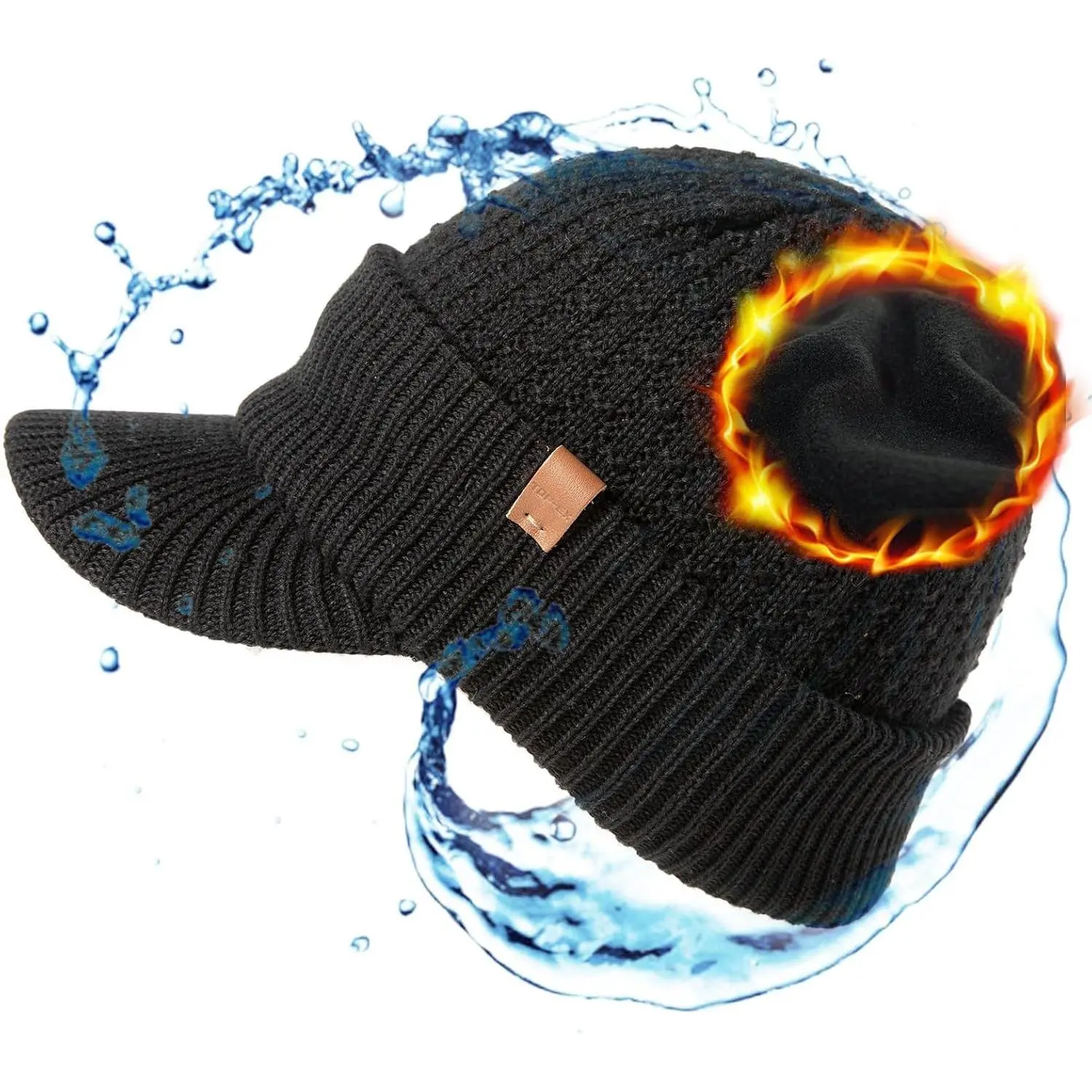 Waterproof Visor Beanie for Men, 50% Merino Wool & Recycled Polyester, Fleece Lined & Windproof for Hiking, Fits Big Heads, Outdoors