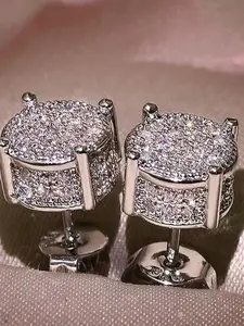 Fashion Simple Micro-Set Synthetic Zircon Earrings, Unisex Hip-Hop Jewelry, Plain Design, Alloy Material, All Seasons Wear, Zircon Stud Earrings, Versatile Earrings
