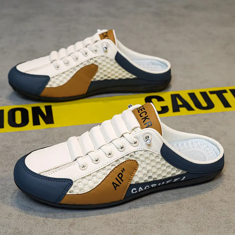 2026Summer New Men's Baotou Slippers S11 Beige Herringbone Design White & Blue Mesh Casual Shoes for Outdoor Activities Street Fashion Bean Shoes