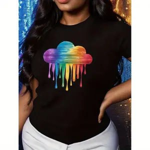 gradient multicolored cloud artwork pure cotton women's Tshirt comfort fit Casual Crewneck