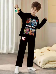2-piece Boys' Pixel Style Game Battle Printed Pajama Set, Cartoon Print Pajama, Round neck pajamas, long-sleeve top and long pajama pants made of flame-retardant fabric, comfortable and soft loungewear set, for sleeping and home leisure