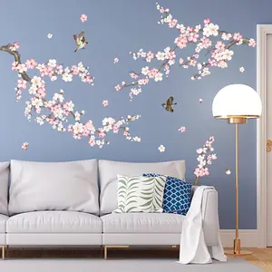 Cherry Blossom Wall Stickers Pink and White Flower Tree Branch Peel and Stick Wall Art Decals for Living Room Bedroom TV Wall