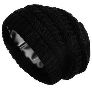 Luxurious Satin Lined Cable Knit Beanie Cap Winter Warm Thick & Chunky Slouchy Hat for Men & Women.