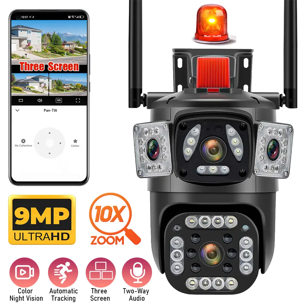 Outdoor Security Camera wireless 3 Screens 9MP 10X Zoom 355° PTZ WiFi Outdoor Full Color Night Vision AI Auto Tracking Two Way Audio Sound Light Alarm IP66 Waterproof