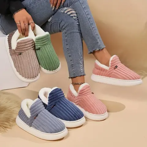 Women's Cotton Slip-On Fuzzy Soft Sole Slippers - US7.5-8.5 Fabric Casual Daily Elegance Footwear, Flannel-Lined Warm Indoor-Outdoor House Shoes for Bedroom Use