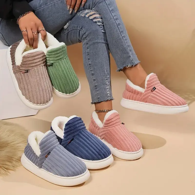 Women's Cotton Slip-On Fuzzy Soft Sole Slippers - US7.5-8.5 Fabric Casual Daily Elegance Footwear, Flannel-Lined Warm Indoor-Outdoor House Shoes for Bedroom Use