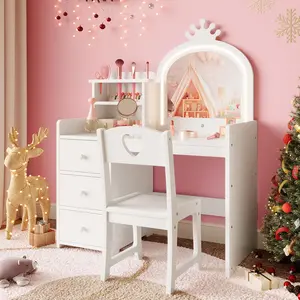 Garvee 2-in-1 Vanity Table and Chair Set with Large LED Lighted Mirror, Makeup Brush Holder, 3-Tier Open Storage Shelves, and 3 Drawers – Wooden Makeup and Study Desk in Pink for Playroom or Bedroom