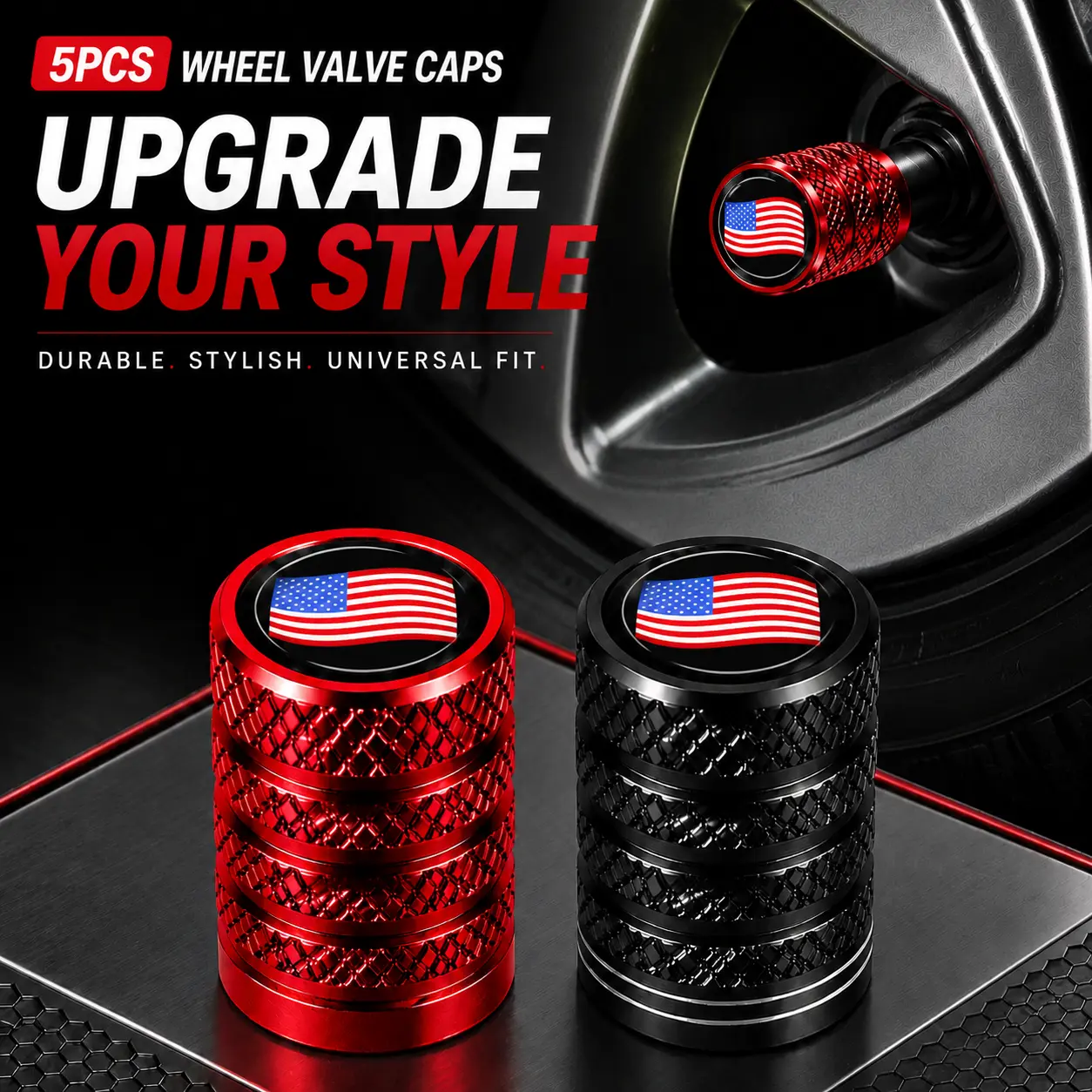 5Pcs Heavy Duty Universal Tire Valve Stem Caps for All American Vehicles, Waterproof Dustproof Anti-Corrosion Aluminum Wheel Air Valve Covers with Inner Seal Ring, Fit Car, SUV, Ram Pickup, Jeep Offroad, Motorcycle & E-Bike Tires