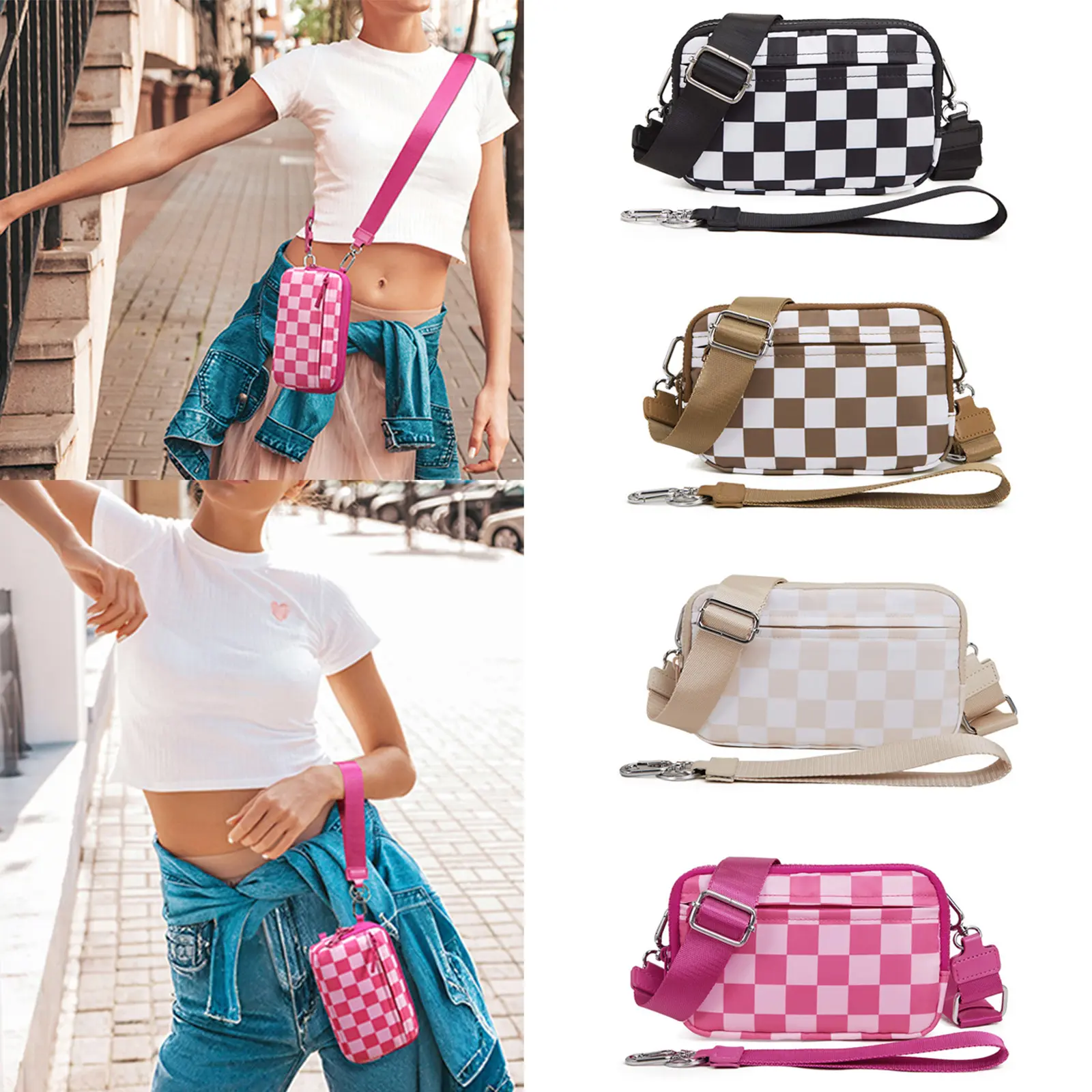 Women's Checkerboard Pattern Purse - Nylon Quilted Zip Wristlet Clutch, Adjustable Strap Handbag with Coin Pouch, Credit Card Holder, Cell Phone Organizer for Travel, Minimalist, Birthday, Cros Body Bag