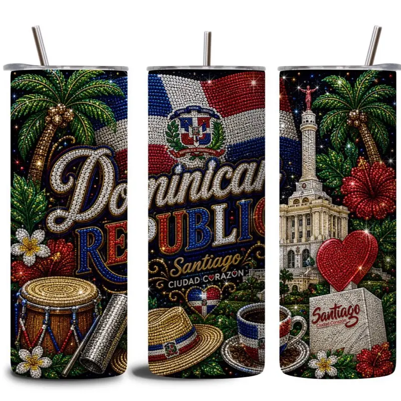 Vaso Térmico Skinny de 20oz con Efecto Imitación de Pedrería de la República Dominicana | Diseño Sublimado Brillante | Taza Tropical con Bandera y Café | Regalo para Dominicanos