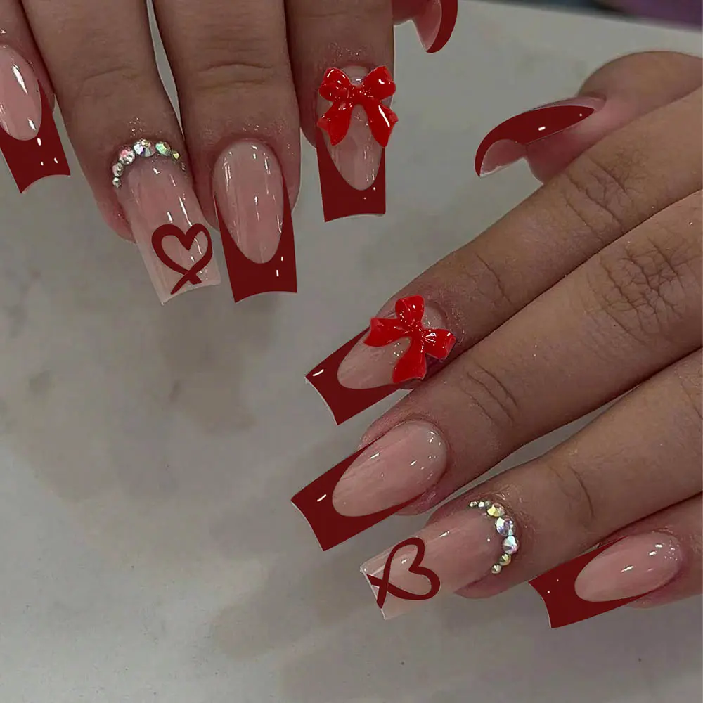 24pcs Long Rectangle French Bow Heart Elegant Rhinestone Decorated Press-On Nails Set, Includes Jelly Glue and Nail File, Perfect for Party Dance Daily Use, Nail Art Design, Press On Sets