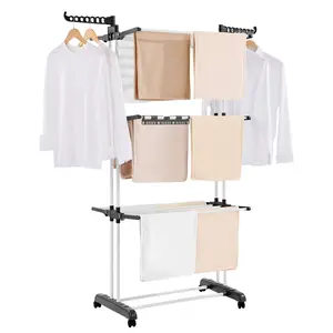 Clothes Drying Rack, 4-Tier Foldable Laundry Dryer Rack, Metal Drying Racks With 24 Drying Rods, Free-Standing Portable Hanger With Four Castors And Two Side Wings For Outdoor And Indoor Use