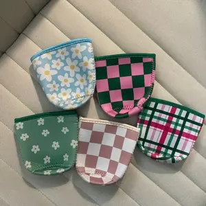 Spring Iced Coffee Neoprene Coolers  - Checkered Floral Plaid Design in Pink, Cream, Beige & Blue - Ideal for Drinkware