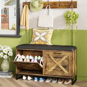 [SummerVibes] Vabches Shoe Cabinet with 2 Flip Drawers & Coat Rack, Shoe Storage Bench with Seat Cushion for Entryway, 5 Large Sturdy Metal Hooks - with Locking Wall Parts,