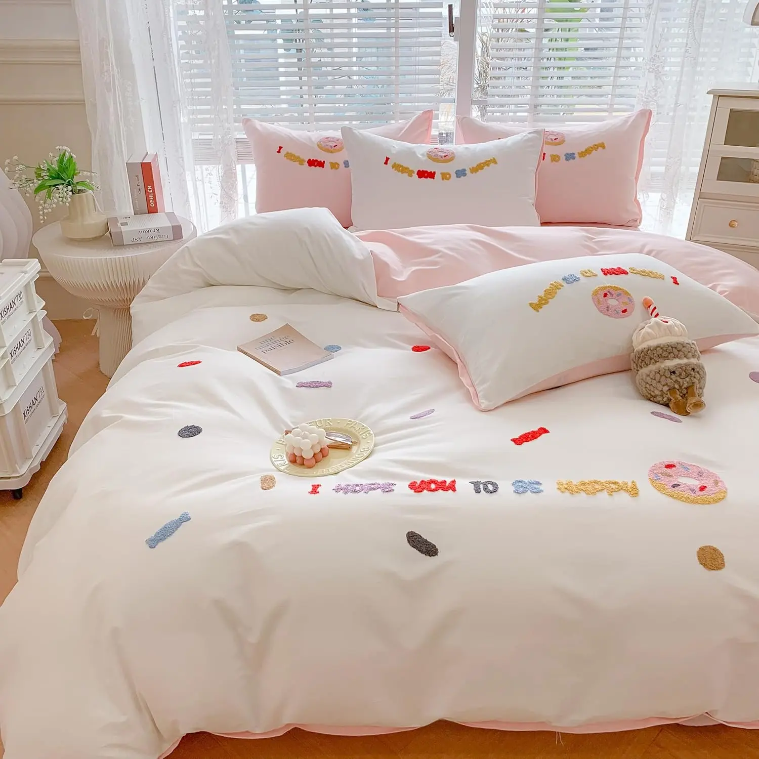Duvet Cover Cotton, 3D Embroidery  Bedding Sets, Cute Chenille Embroidered Comforter Covers Summer Blanket Soft Breathable for Girls  Teen Preppy (Donut White, / XL)