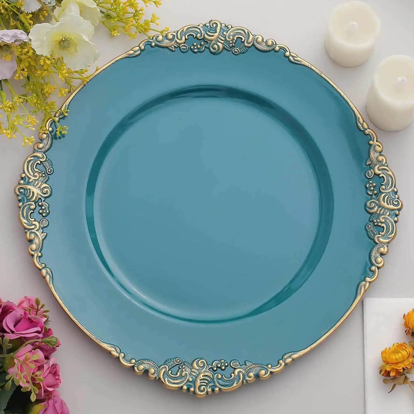 13" Round Acrylic Acetate Charger Plates (6-Pack) - Peacock Teal with Gold Rim, Baroque Embossed Edge, Antique Decorative Dinner Tableware for Formal Events, Acrylic Acetate Plates