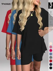 Women's Two Piece Lounge Set Loungewear, 2026 Summer Casual Oversized Shirts & Biker Shorts, Fitted Plain Design, Perfect for Airport Travel