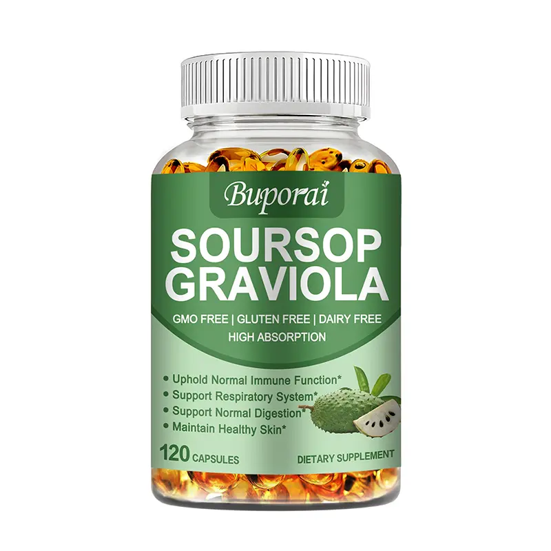 Buporai Soursop (Guanabana) Leaf & Fruit Extract Dietary Supplement Capsules, 1000mg High Potency, Immune & Respiratory System Support, 120-Count Blended Vitamins & Minerals for Gut & Skin
