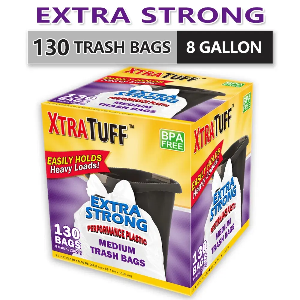 Plastic Drawstring Trash Bags - 130-Count, 8 Gal Large Disposable Boxed Bags, Puncture-Tear Resistant, Deodorizing Lemon Mint Scent for Kitchen & Toilet Household Use, Box Expansive Strong Aroma