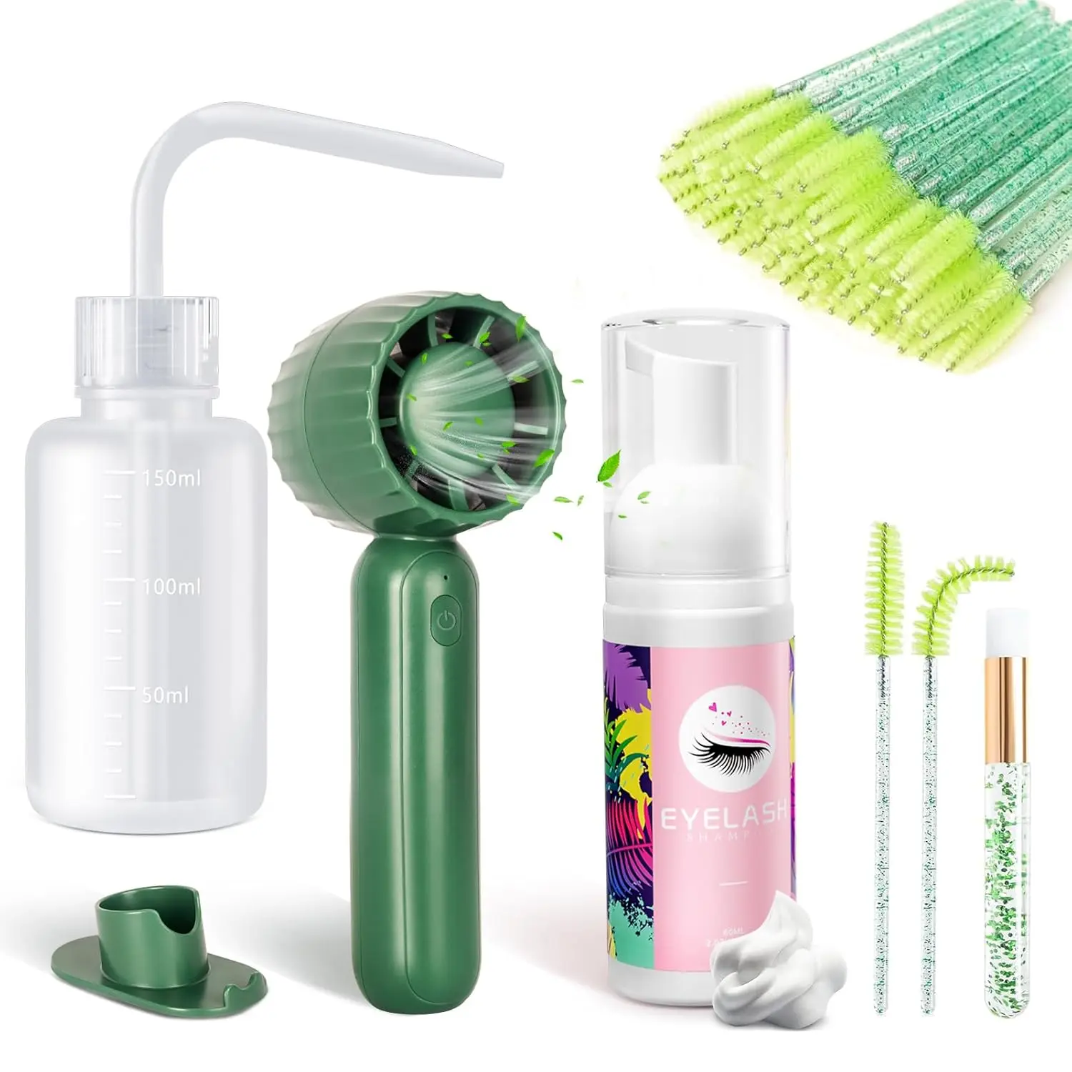 Halloween Fall Gifts Lash Cleaning Kit - Lash Shampoo 60ML with Rechargeable Handheld Fan Dryer, Mascara Brush, Rinse Bottle, Makeup Cleansing Foam for Eyelash