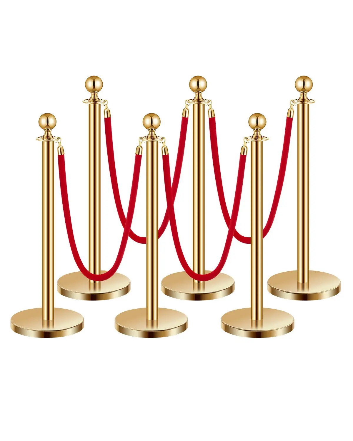 VEVOR Stanchions and Velvet Ropes 6Pcs,  Hollow Base with Stainless Steel Post, 4 Red Velvet Ropes and Posts, Crowd Control Barriers Gold Stanchions, Red Carpet Runner Poles for Party Supplies