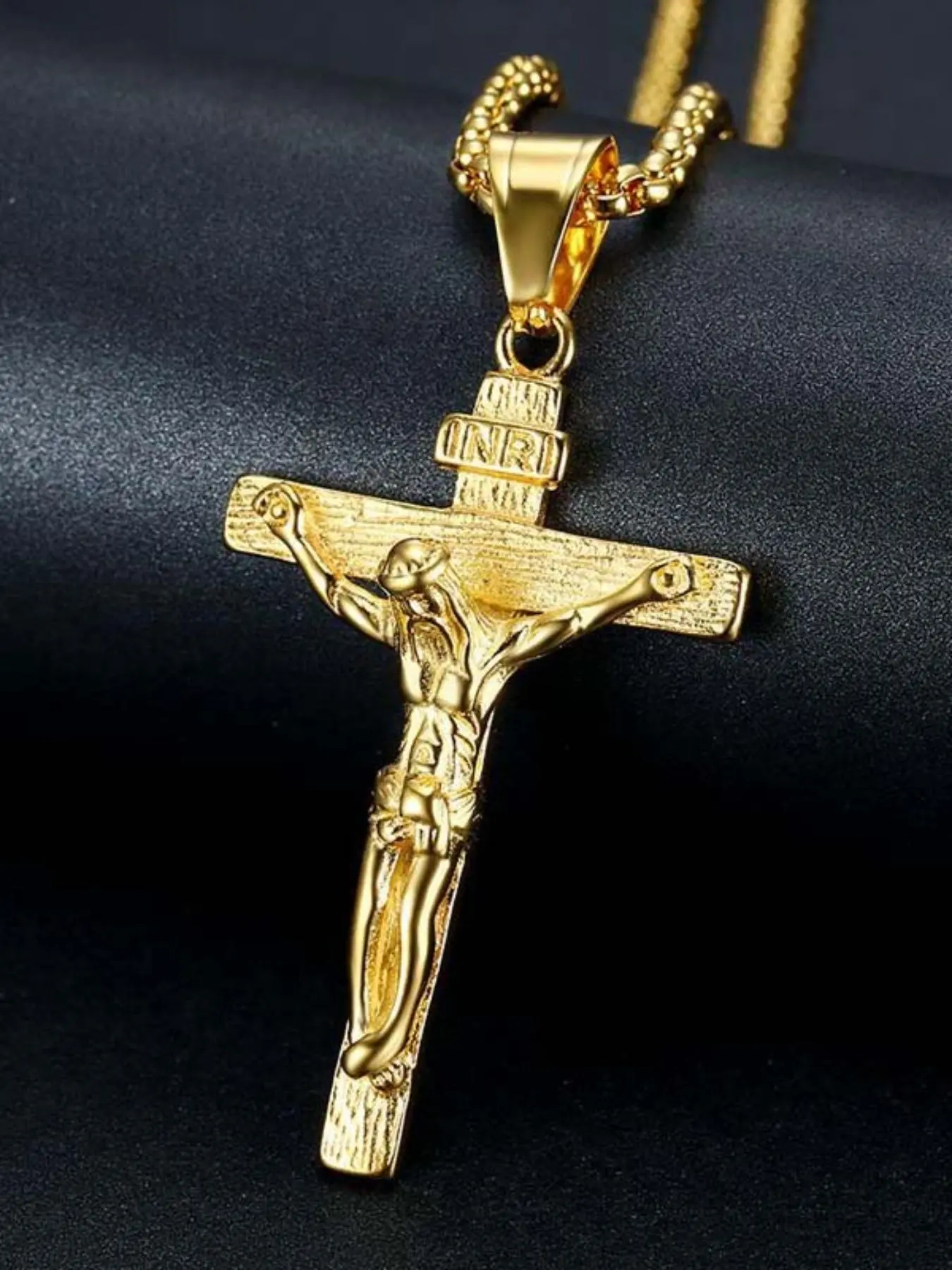 Unisex Cross Necklace, Jesus Christ Pendant, Faith Necklace, Religious Necklace, Cross Design Pendant, Fashionable and Versatile, Perfect Gift for Father and Men, 14k Gold Plated, 22 Inch Chain