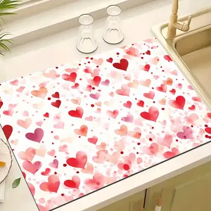 1pc Valentine'S Day Heart Print Kitchen Counter Mat |   Non-Slip, Absorbent, Heat-Resistant, Red & Pink Heart Drying Pad for Stovetops, Ovens, Microwaves, Dishwashers, Coffee Makers, Cute for Dining Decor, 2D Flat