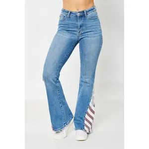 Judy Blue High Waist American Flag Print Flare Denim Jeans 88659, Spandex, Fabric, Streetwear, Everyday