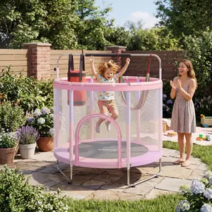 Pink + Purple 55" Trampoline for Kids, 400Lbs Capacity ASTM-Approved Mini Toddler Trampoline with Safety Enclosure Net & Adjustable Gymnastics Bar