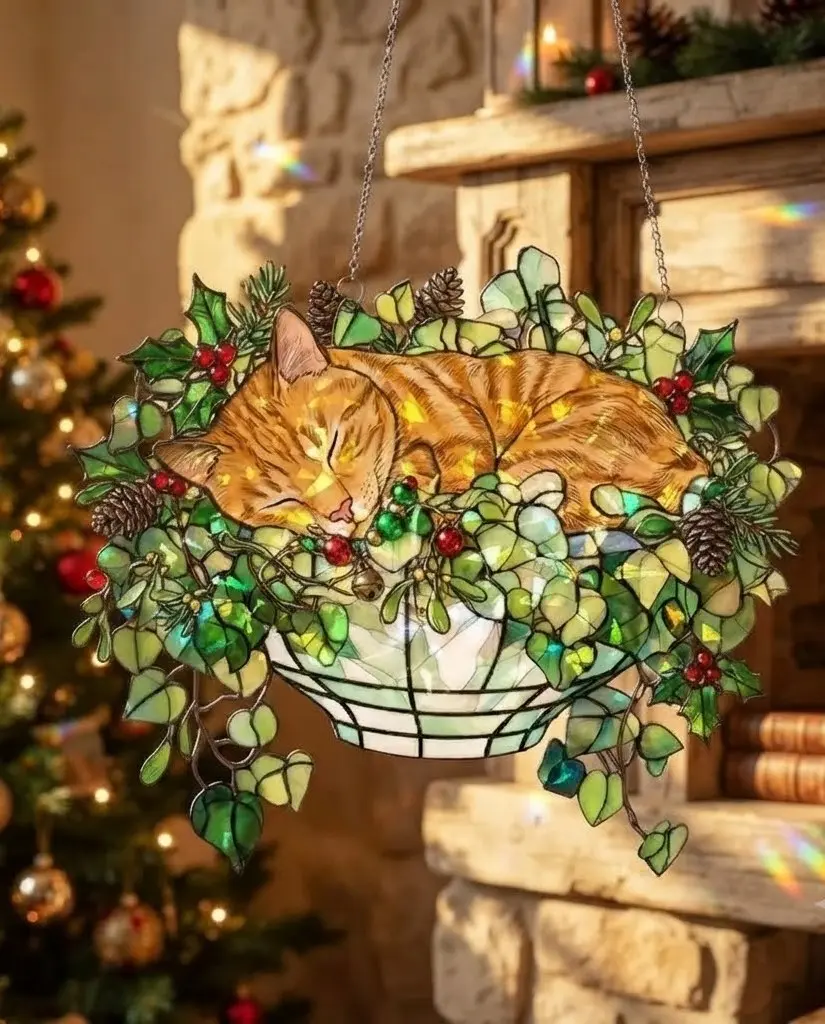 Orange Cat Christmas Decor, Custom Pet Memorial Suncatcher, Cat Lover Gift, Plant and Cat Keepsake