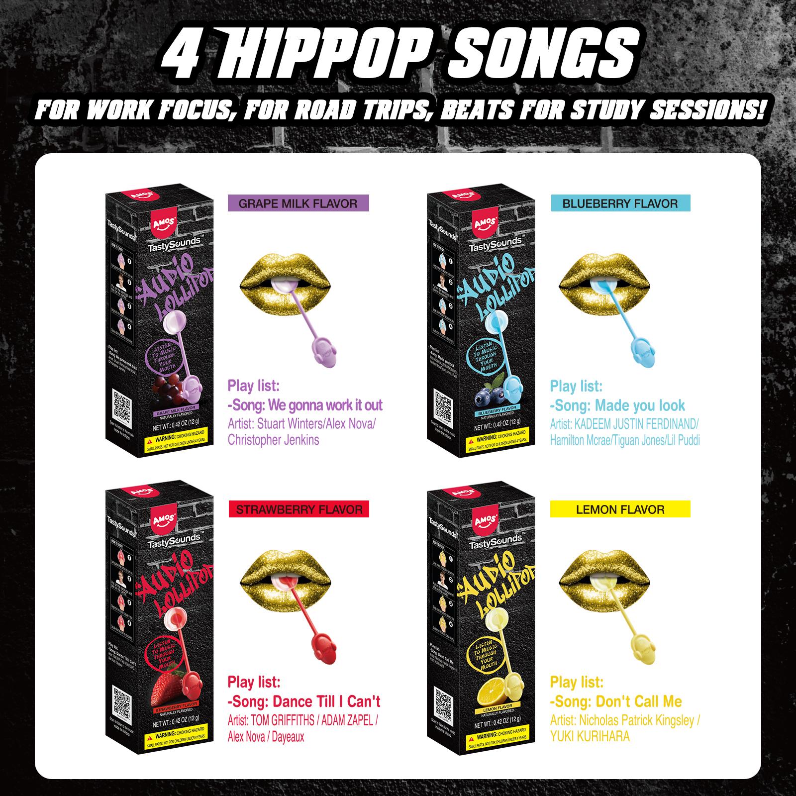Amos TastySounds Audio Lollipops - Hip Hop Music Lollipop in Grape, Blueberry, Strawberry & Lemon - Sweet Snack Candy