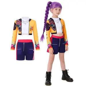 Girls K-POP Costume Rumi Mira Role Play Set 3pcs Suitable for all seasons, featuring 3D printed patterns Crop top, jacket, and shorts and a celebrity-inspired style designed specifically for children. Crafted from to create a true superstar look
