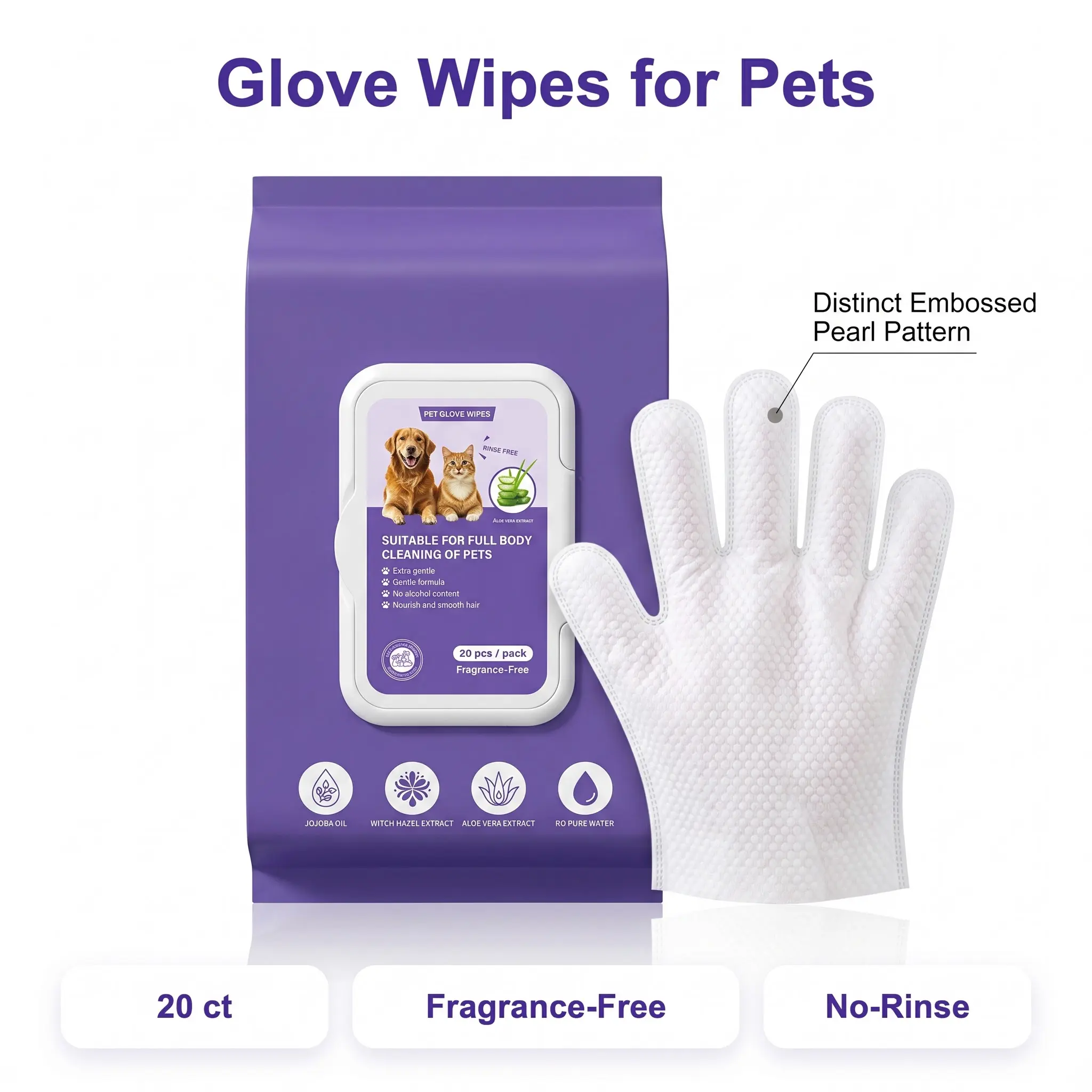 Pet Glove Wipes, 20 Count Fragrance-Free & Alcohol-Free No-Rinse Glove Wipes for Dogs, Cats, Small Animals | Aloe Vera Formula | Coconut Scented No-Rinse Wipes with Dermatology-Tested Formula