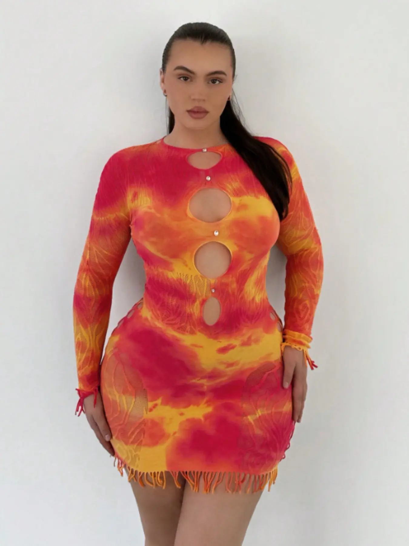 Tie-Dye Fishnet Mini Dress, Long Sleeve Hollow Out Sheer Mesh Bodycon Dress, Fringe Hem, Women's Nightclub and Music Festival Wear