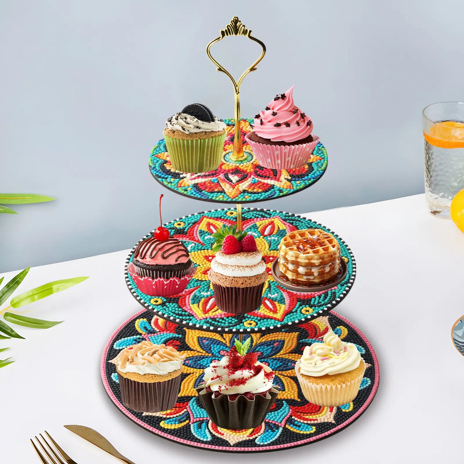 5D Diamond Painting Platter with Storage - 3-Tier Wooden Tiers Display, Dessert-Themed DIY Handmade Art for Kitchen Tabletop Decoration, Creative Gift (Toys & Hobbies, DIY Needlework)