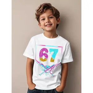 67 Number Ice Cream Drip Graphic T-Shirt Short Sleeve Casual Playwear with 67 Number Design, Round Neck Comfort Fit, All-Season Casual Attire, Trendy 'treet Style Christmas Gifts