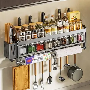 No Drill 3-in-1 Adhesive Wall Mounted Kitchen Organizer Rack | Holds Spice Jars, Cooking Utensils & Knife Storage | Strong Grip Tool Holder for Declutter Countertops | Perfect Space Saver for Small Space Kitchen Cabinet #KitchenOrganization #SpaceSaver