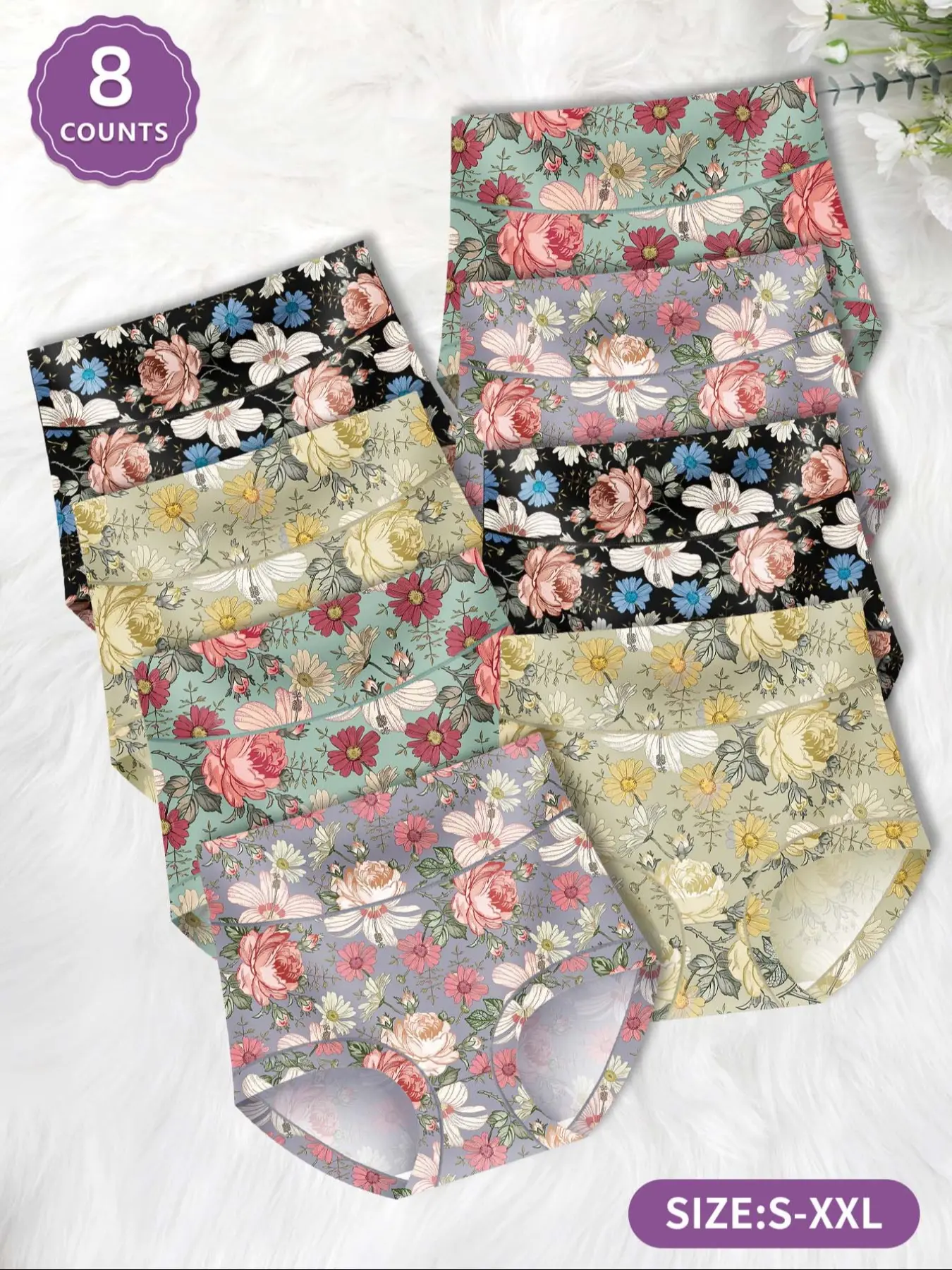 8-Pack MEIYATING  High-Waist Women's Underwear, Waist Cinching Butt Lifting, All-Over Floral Print, Comfortable Fit, High-Quality Skin-Friendly Trunks, Casual, Panties