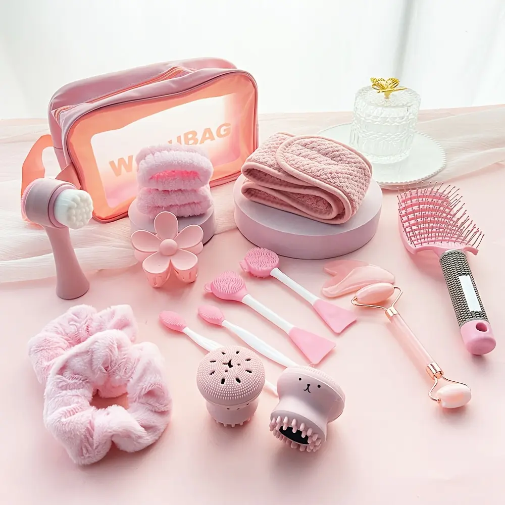 Women's 16-Piece Cosmetic Shampoo Headband Set - 2-in-1 Cleansing Brush Skincare Massager, Double-Sided Facial Cleanser, Hair Tie, Medium Makeup Bag for Daily Skincare