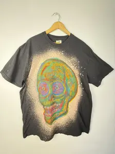 Space Dust Skull Woodcut Printed Graphic T-shirt Handcrafted Quality Soft Cotton Menswear Loose Fit Streetwear Tee - Fabric