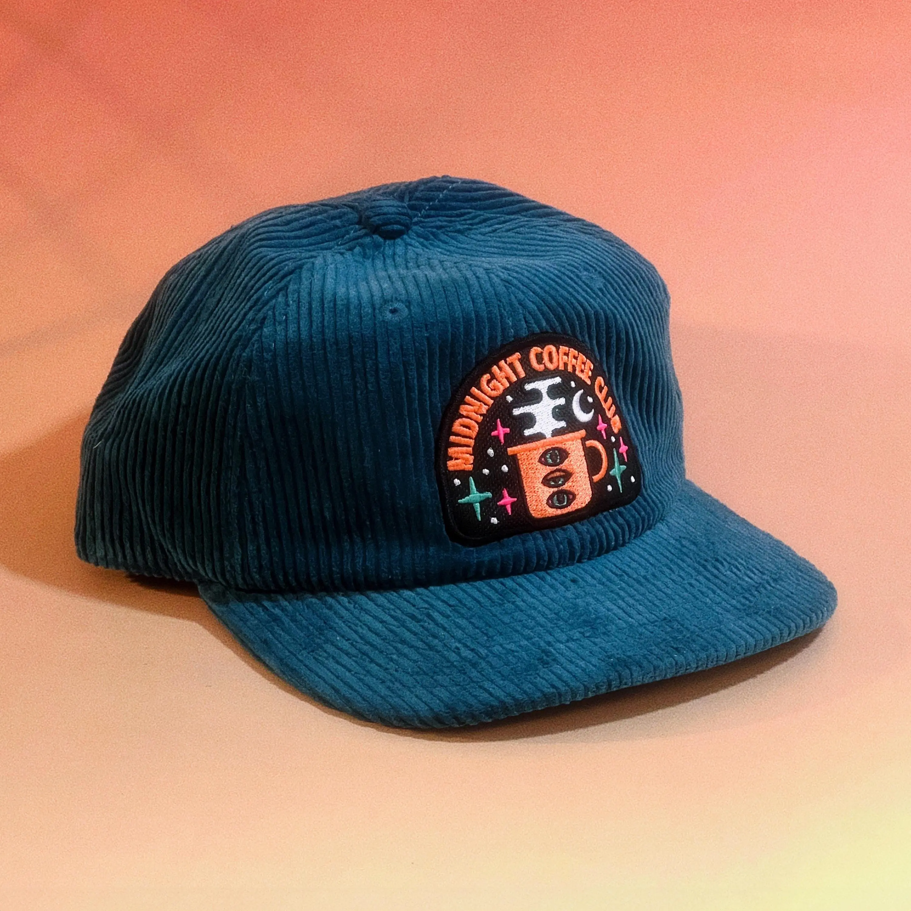 The Space Bureau Midnight Coffee Club Corduroy Hat, Black Embroidery Hat for Daily Wear, Black Embroidery Hats
