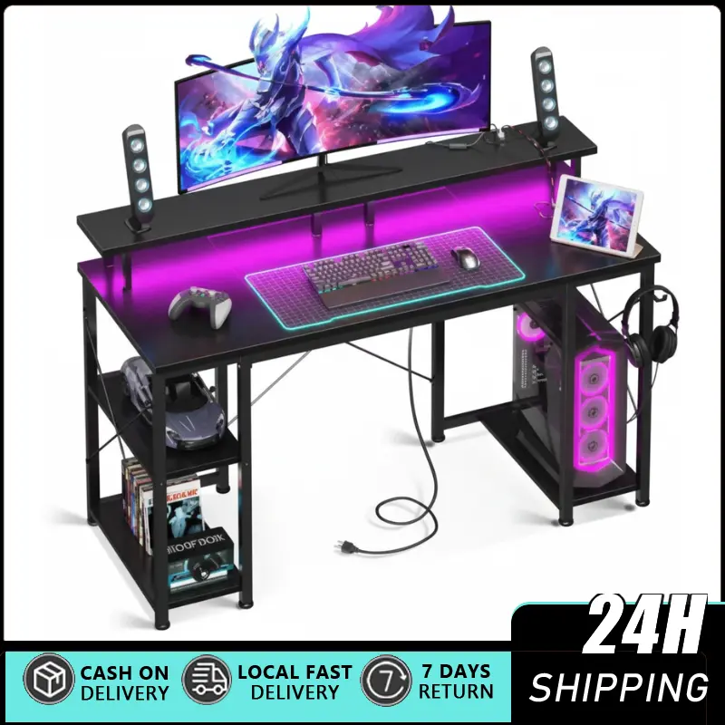 48-in Sturdy Gaming Desk - Home Office Workstation with LED Lights, Storage Shelves, Power Outlets, Monitor Stand, Black PC Table