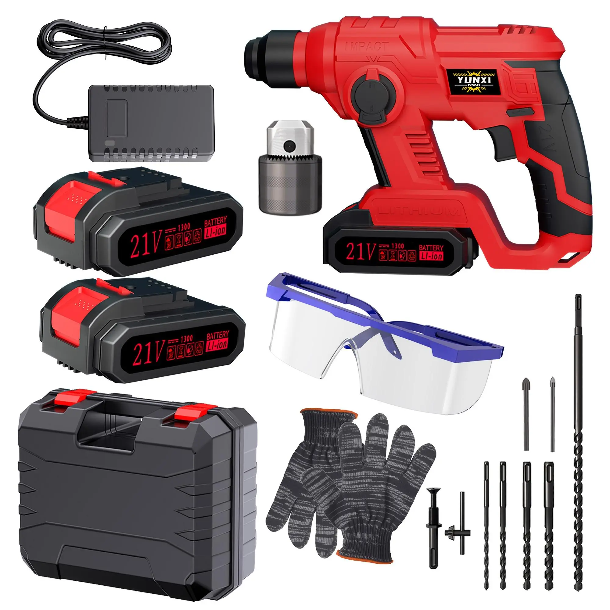YUNXI new heavy duty rotary hammer drill, multi-mode heavy duty rotary hammer drill, powered by lithium ion batteries and fast chargers for concrete, brick, wood and metal.  construction tools, metal drilling, portable drill 3-in-1 electric impact wrench